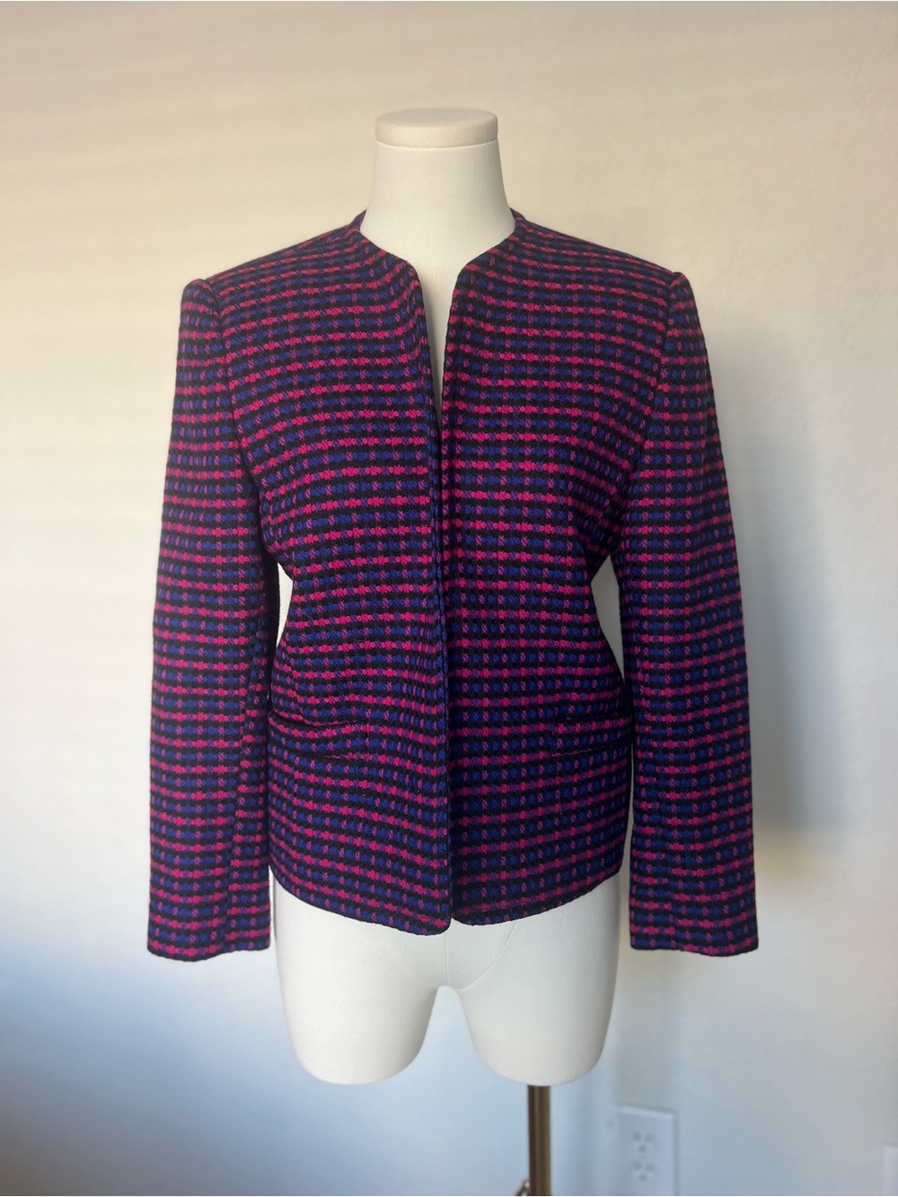 Talbots Petites Jacket Women’s 4 Plaid Worsted Wool Blend Pink/Blue/Black